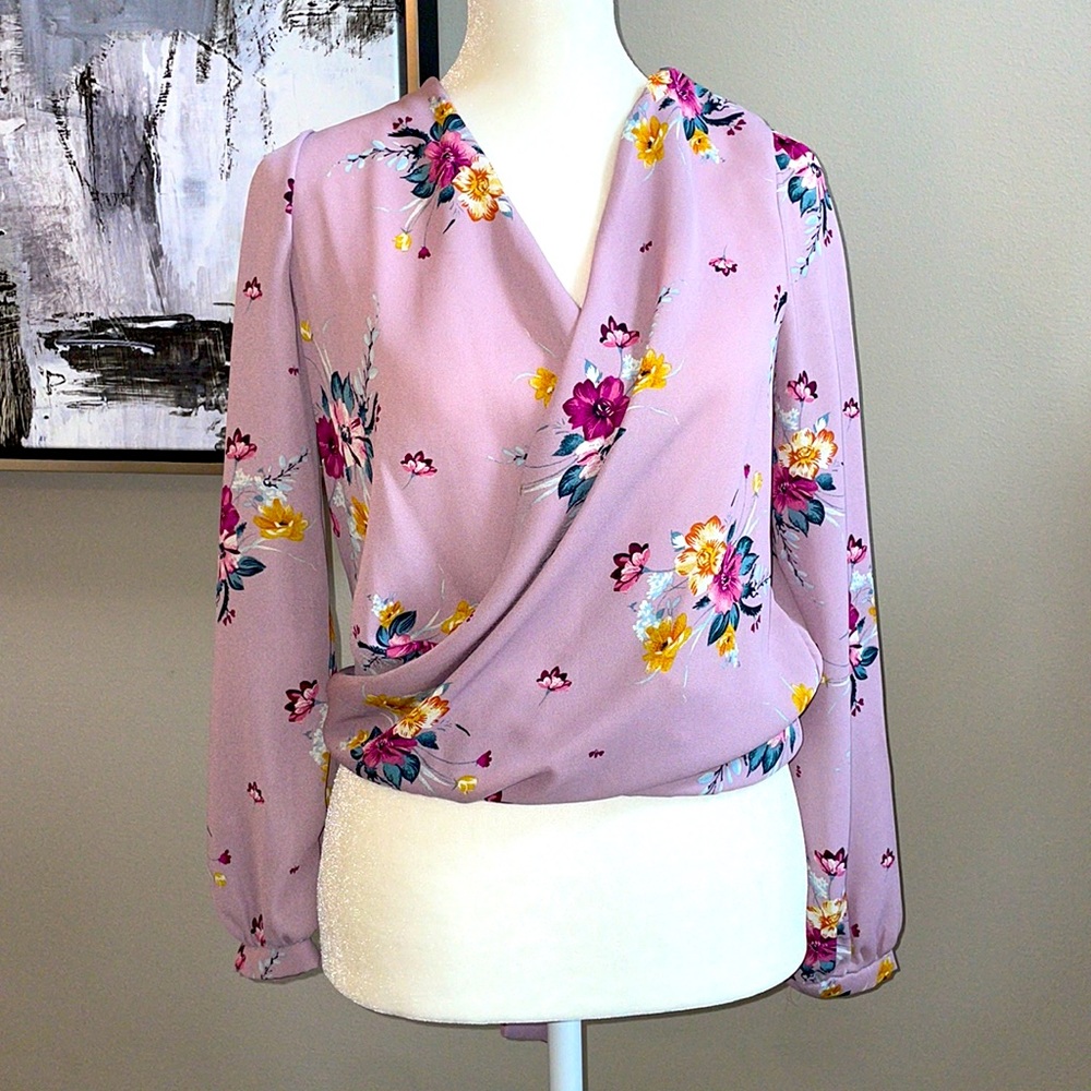 Windsor Light Purple/Plum Mauve Floral Draped Tie-back Blouse